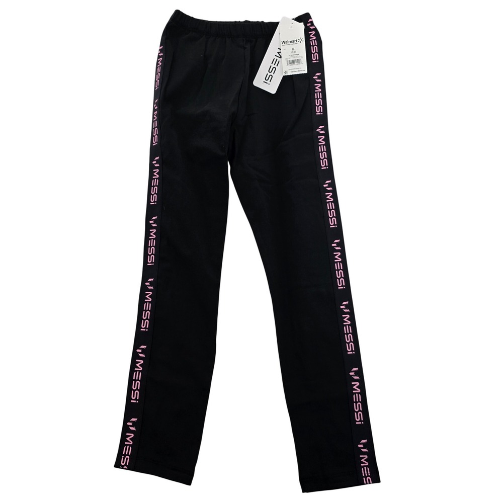 Messi‎ Kids XL 14/16 Black Pink Logo Side Stripe Athletic Leggings Pants NWT